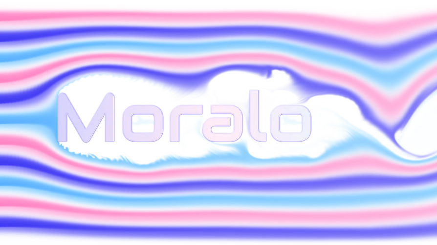 Standbild: Tintenfäden in Violett, Pink und Blau umströmen die Moralo-Wortmarke und rollen sich dahinter zu Wirbeln ein